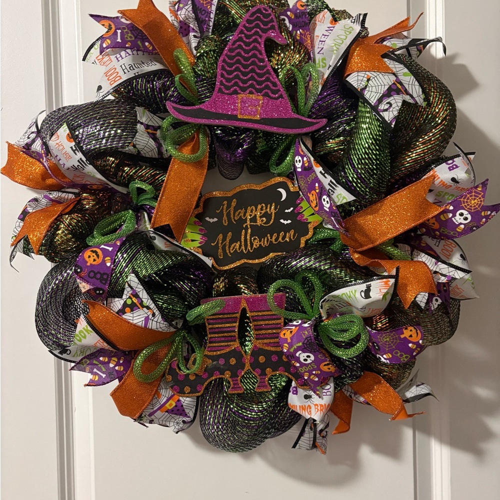 Sold but can easily make another one.Halloween Wreath with Witch Hat